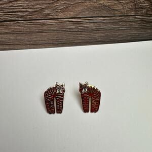 Laurel Burch Jungle Cat Signed Red & White Enamel Gold Tone Stud Earrings
